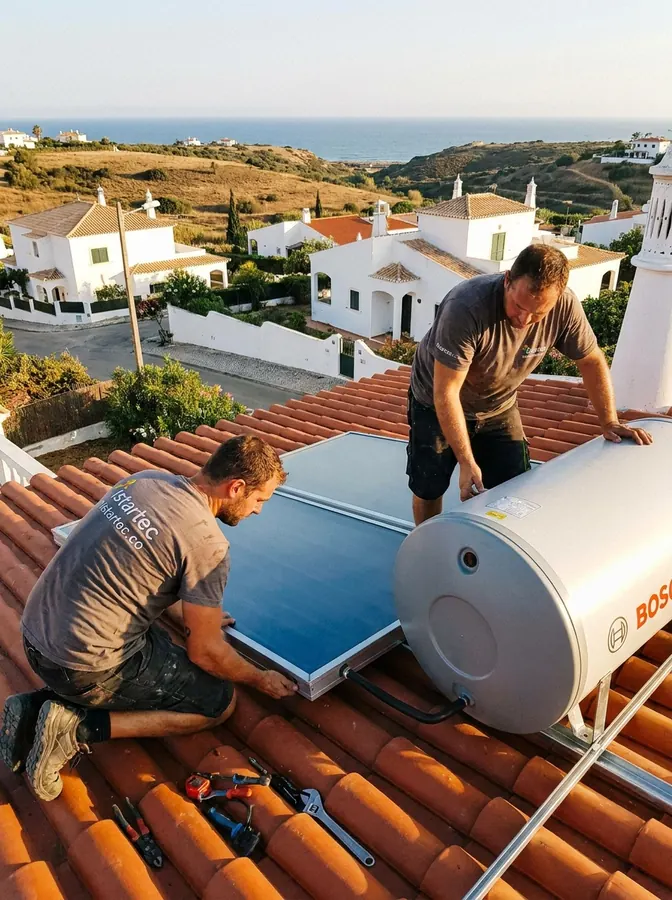 Instalação de painéis solares térmicos em telhado de habitação no Algarve